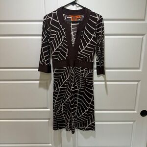 Tory Burch Silk Dress Brown‎ White Print 3/4 Sleeve Sheath XS